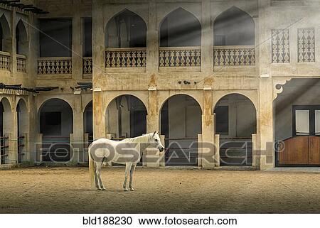 Stock Image - Horse standing in sunbeams near ornate building. Fotosearch