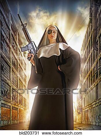 Illustration of Caucasian nun with eye patch and machine gun View Large Photo Image Stock Image - Illustration of Caucasian nun with eye patch and machine gun. Fotosearch