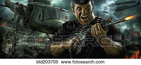 Stock Photography - Illustration of Caucasian soldier shooting machine gun in battle. Fotosearch