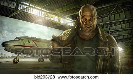 Stock Photo - Illustration of mixed race man holding gun in airplane hangar. Fotosearch