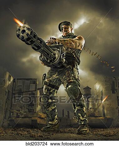 Picture - Illustration of soldier firing machine gun outdoors. Fotosearch