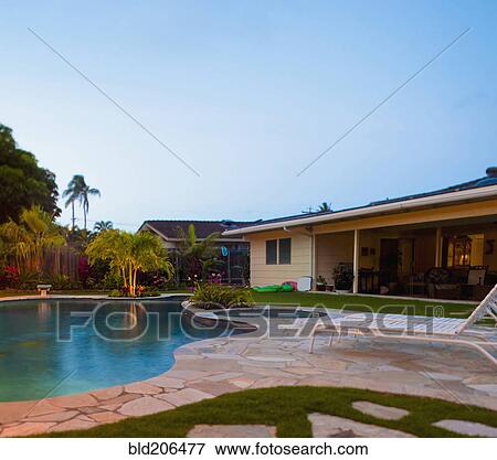 Stock Photo - Luxury Backyard Pool and Lanai. Fotosearch