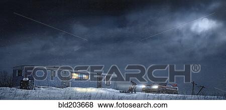 Stock Photo - Man and car parked by illuminated trailer. Fotosearch