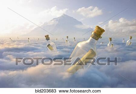 Stock Image - Messages in bottles floating in clouds. Fotosearch