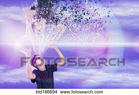 Picture - Mixed race boy watching virtual reality globe. Fotosearch