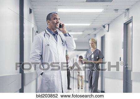 Stock Image - Mixed race doctor talking on cell phone in hospital. Fotosearch