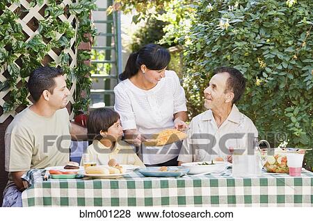 Stock Photo - Multi-generational Hispanic family eating on patio. Fotosearch