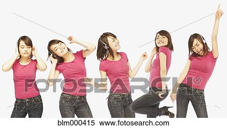 Stock Photography - Multiple images of Asian woman listening to headphones. Fotosearch