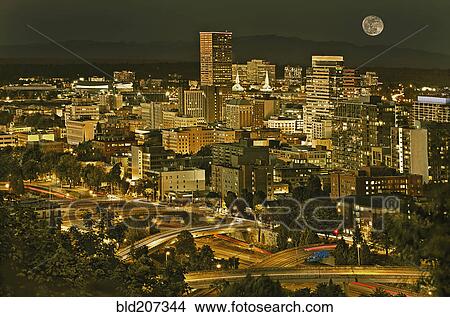 Picture - Night view of Portland city downtown area. Fotosearch