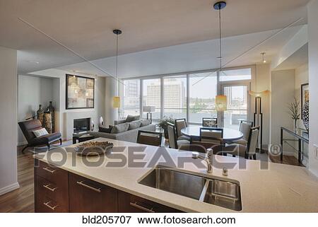 Open floor plan in luxury highrise apartment View Large Photo Image Stock Photo - Open floor plan in luxury highrise apartment. Fotosearch