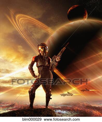 Stock Photo - Pacific Islander woman wearing futuristic combat gear. Fotosearch