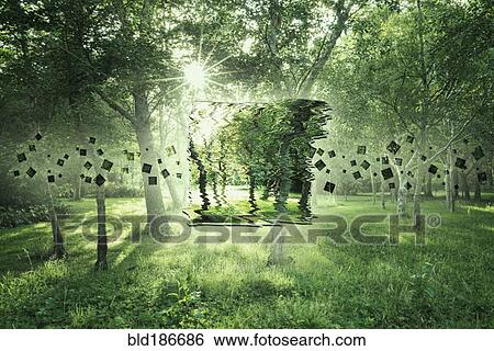 Stock Photograph - Pixelated image of trees in sunny forest. Fotosearch