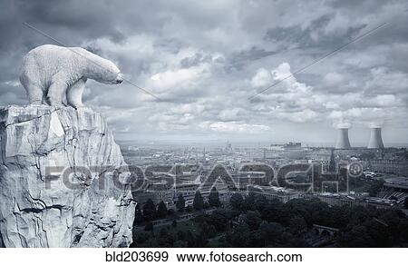 Polar bear overlooking cityscape from glacier View Large Photo Image Stock Photo - Polar bear overlooking cityscape from glacier. Fotosearch