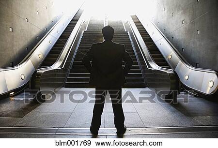 Rear view of businessman looking up escalators View Large Photo Image Stock Photo - Rear view of businessman looking up escalators. Fotosearch