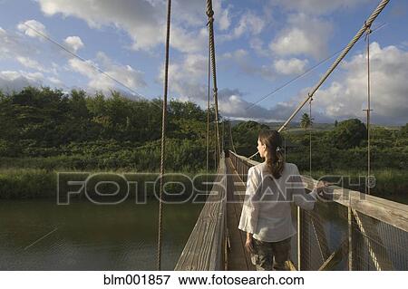 Rear view of woman walking on wooden footbridge View Large Photo Image Stock Photo - Rear view of woman walking on wooden footbridge. Fotosearch