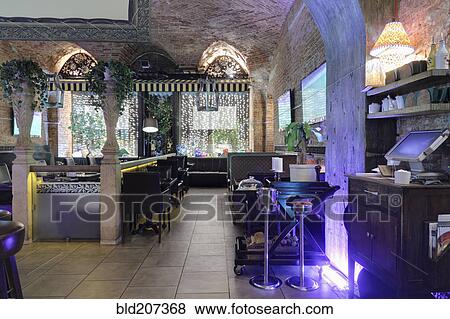 Restaurant interior lighted with purple View Large Photo Image Stock Photo - Restaurant interior lighted with purple. Fotosearch