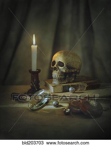 Skull, magnifying glass, candle and books on table View Large Photo Image Stock Image - Skull, magnifying glass, candle and books on table. Fotosearch