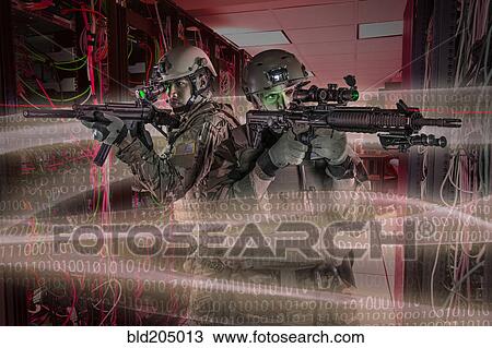Soldiers holding guns in server room View Large Photo Image Stock Image - Soldiers holding guns in server room. Fotosearch