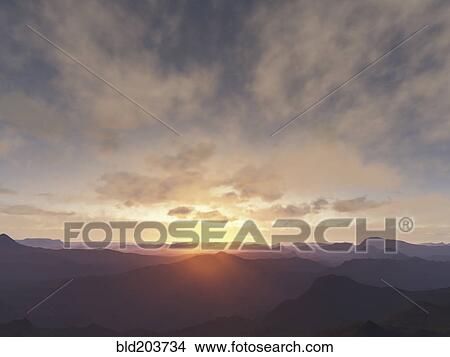 Picture - Sun rising over rural mountains. Fotosearch