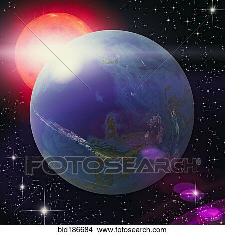 Picture - Sun shining behind Earth in outer space. Fotosearch