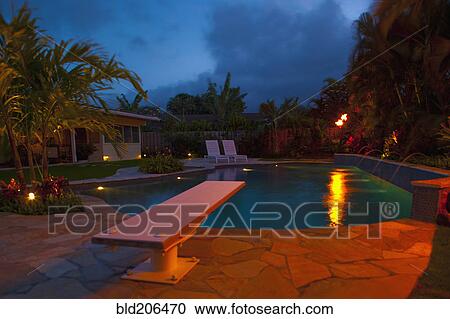 Tropical Backyard Pool at Night View Large Photo Image Stock Image - Tropical Backyard Pool at Night. Fotosearch
