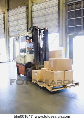 Warehouse worker driving forklift View Large Photo Image Stock Photo - Warehouse worker driving forklift. Fotosearch
