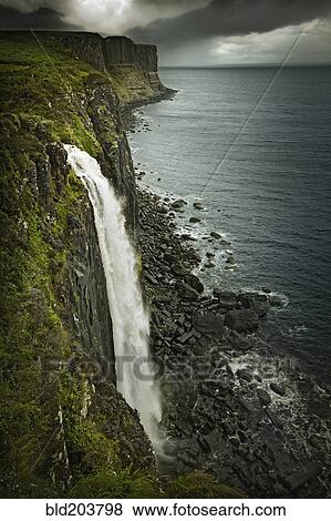 Stock Photo - Waterfall over rocky cliff and sea. Fotosearch