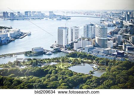 Picture - Aerial view of cityscape and river, Tokyo, Japan. Fotosearch