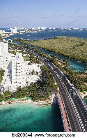 Picture - Aerial view over the hotel zone at Cancun. Fotosearch