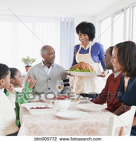 Stock Image - African American family about to enjoy Thanksgiving dinner. Fotosearch
