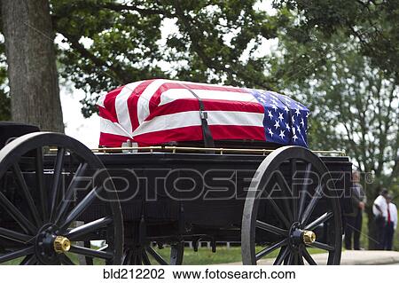 Stock Image - American flag over casket at military funeral. Fotosearch