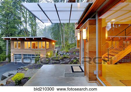 Stock Image - Balcony and awning of modern house. Fotosearch