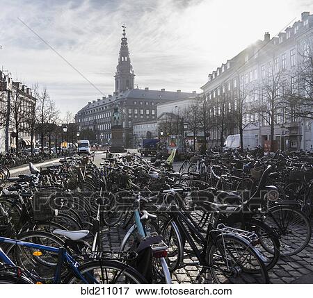 Bicycle parking on city street, Copenhagen, Denmark View Large Photo Image Stock Photo - Bicycle parking on city street, Copenhagen, Denmark. Fotosearch