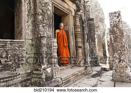 Picture - Buddhist monk at temple, Angkor, Siem Reap, Cambodia. Fotosearch
