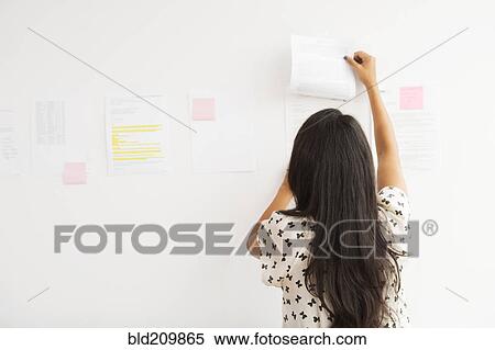 Stock Photography - Businesswoman taping up papers on office wall. Fotosearch