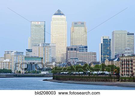 Stock Image - Canary Wharf skyline at Twilight. Fotosearch