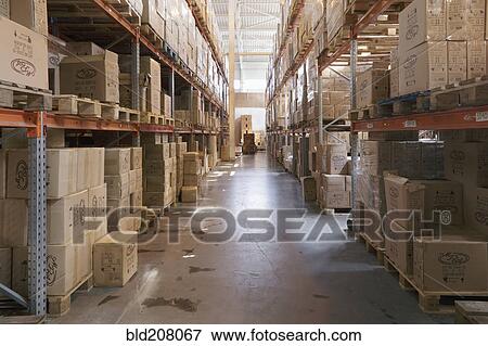Stock Photo - Cardboard boxes on shelves in warehouse. Fotosearch