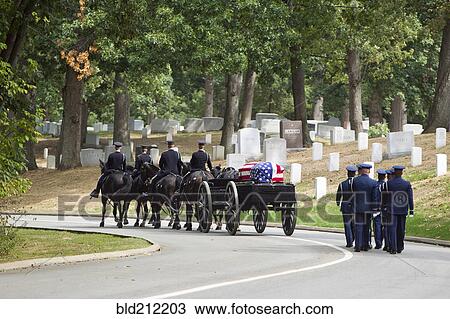 Stock Image - Carriage pulling casket to military cemetery. Fotosearch