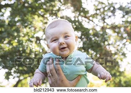 Stock Image - Caucasian baby lifted in air outdoors. Fotosearch