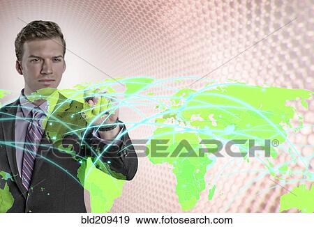 Stock Photo - Caucasian businessman with glowing map. Fotosearch