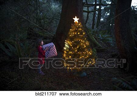 Stock Photo - Caucasian girl by Christmas tree in forest. Fotosearch