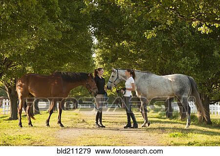 Caucasian girls walking horses on dirt path View Large Photo Image Stock Photo - Caucasian girls walking horses on dirt path. Fotosearch