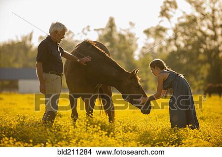 Picture - Caucasian man and granddaughter petting horse in field. Fotosearch