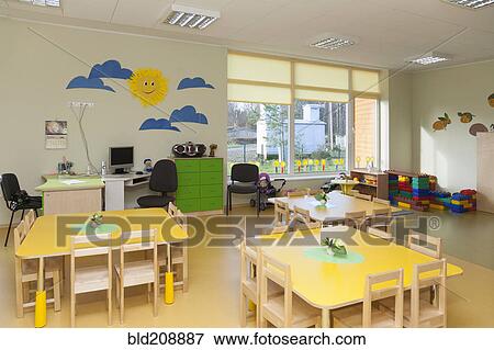 Classroom, activity room with furniture, tables and chairs View Large Photo Image Stock Photo - Classroom, activity room with furniture, tables and chairs. Fotosearch