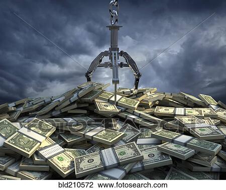 Stock Image - Claw grabbing at bundles of one dollar bills. Fotosearch