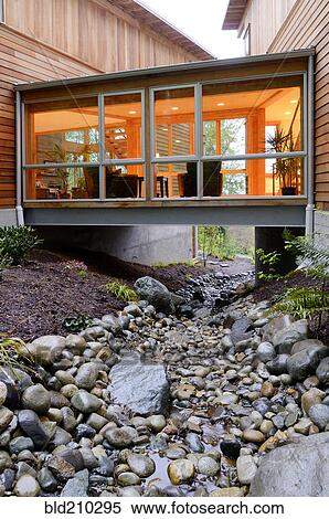 Stock Photography - Corridor of modern house built over rocky creek. Fotosearch