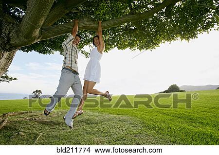 Picture - Couple hanging from tree branch in field. Fotosearch