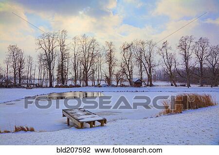 Stock Image - Frozen pond and snow on the ground in winter. Fotosearch