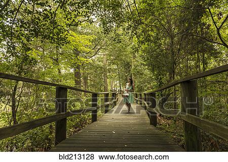 Stock Photo - Hispanic woman walking on wooden footbridge in forest. Fotosearch