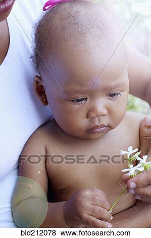 Stock Photo - Mixed race baby holding flowers. Fotosearch